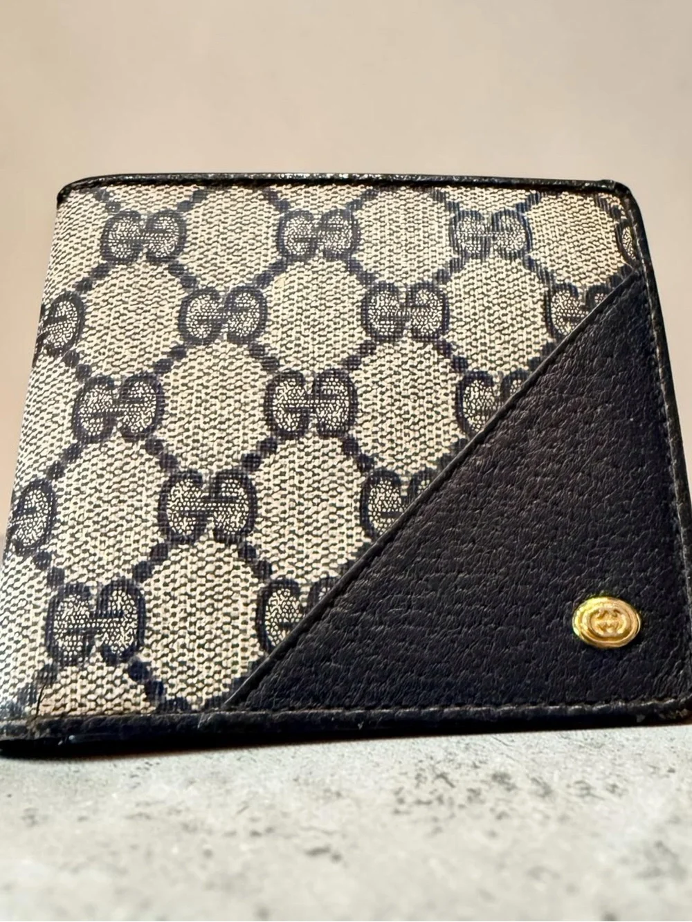 Gucci Beige and Black GG Canvas Bifold Wallet with Gold Snap